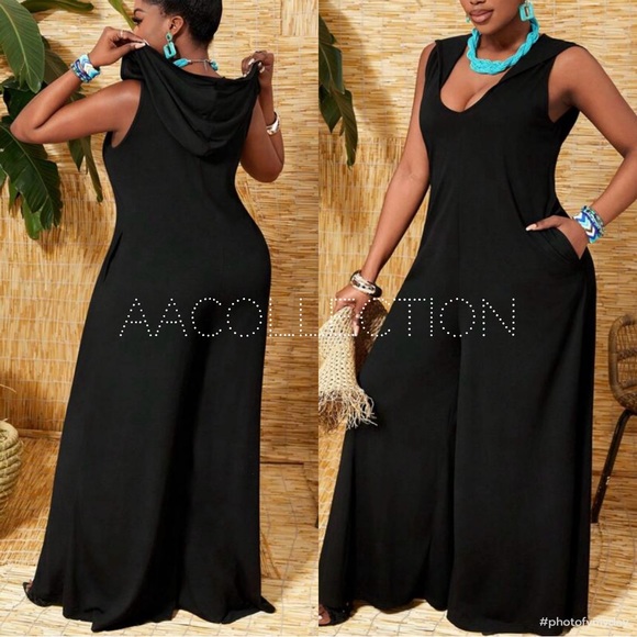 Pants - Boho Sleeveless Hooded Hood Wide Leg Palazzo Pants Jumpsuit Black